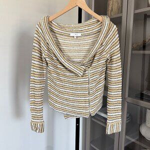 IRO Vana Woven Yellow Blue Stripe Off Shoulder Asymmetrical Zip-Up Jacket 36 Top